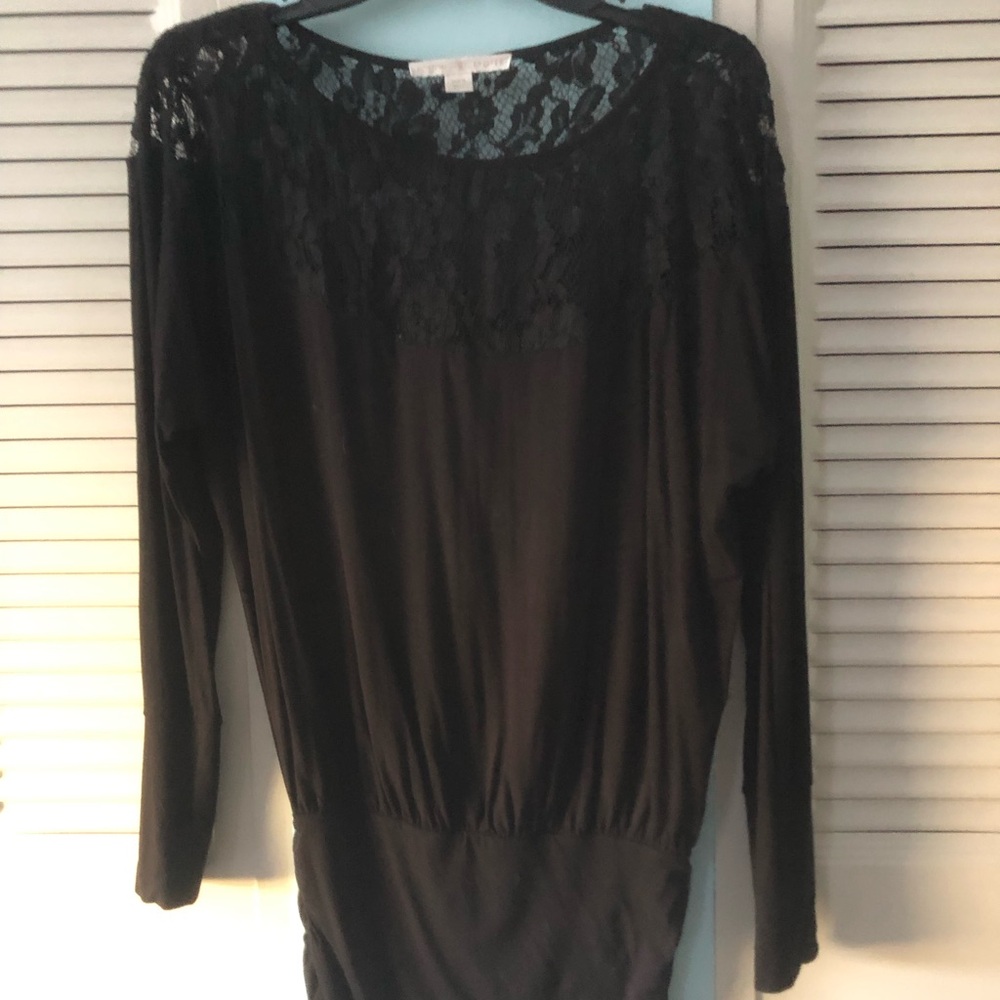 Boston Proper sheer lace bodice top and wide band at bottom. Lace around back.